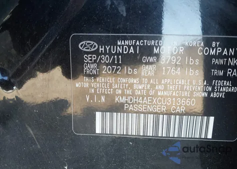 2012 Hyundai Elantra Gls (Ulsan Plant) z USA, uszkodzony, nr VIN KMHDH4AEXCU313660